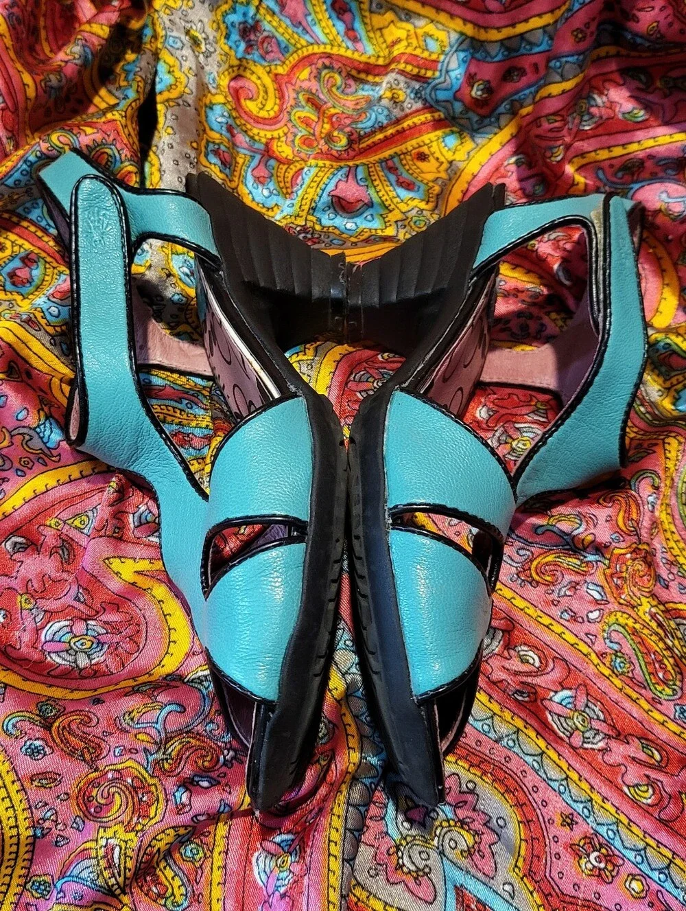 Fly London Turquoise Leather Shoes With Unique Heel Women's Size 6 5.5